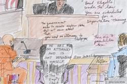 [ai] A courtroom scene illustrating a judge speaking, with a man in an orange jumpsuit sitting next to a chair labeled 'The Empty Chair.' The courtroom environment includes handwritten notes about deportation hearings and legal representation.